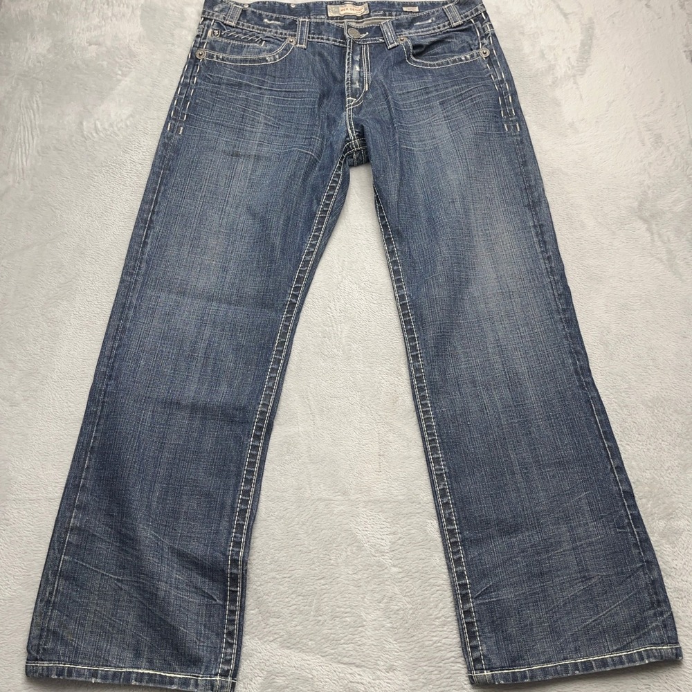 MEK Denim Handcrafted Dubai Straight Leg Jeans Mens 38x34 Blue Contrast Stitch